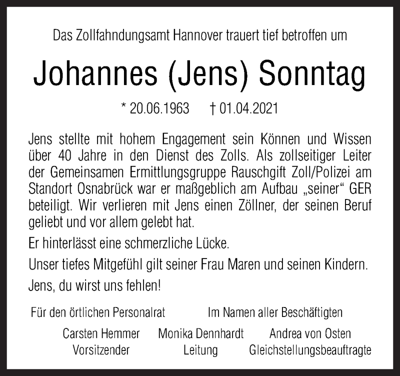  Traueranzeige für Johannes Sonntag vom 07.04.2021 aus Neue Osnabrücker Zeitung GmbH & Co. KG