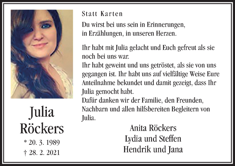  Traueranzeige für Julia Röckers vom 07.04.2021 aus Neue Osnabrücker Zeitung GmbH & Co. KG