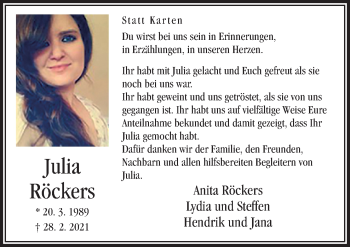 Traueranzeige von Julia Röckers von Neue Osnabrücker Zeitung GmbH & Co. KG