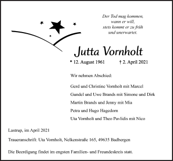 Traueranzeige von Jutta Vornholt von Neue Osnabrücker Zeitung GmbH & Co. KG