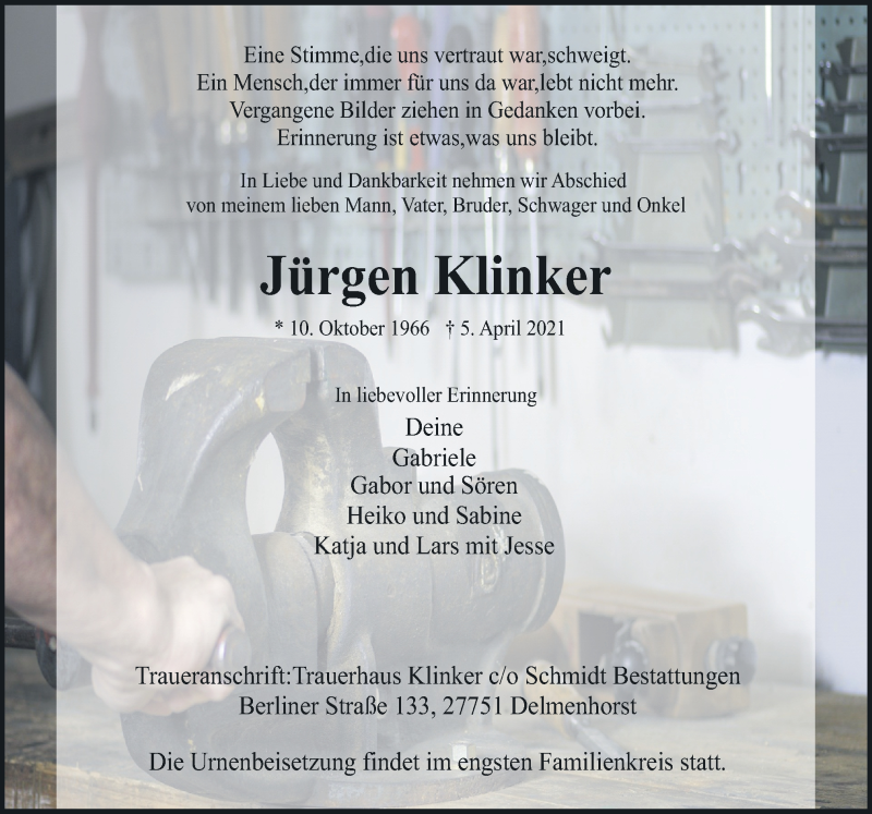  Traueranzeige für Jürgen Klinker vom 08.04.2021 aus Neue Osnabrücker Zeitung GmbH & Co. KG