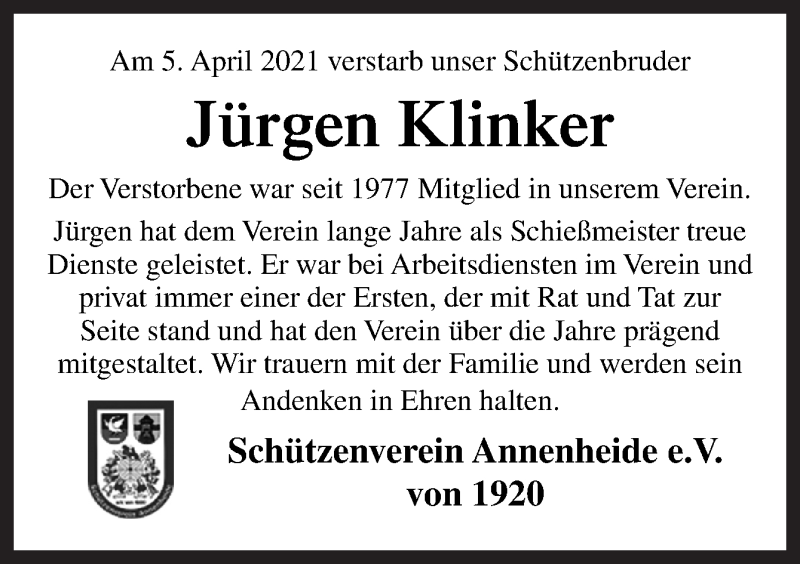  Traueranzeige für Jürgen Klinker vom 09.04.2021 aus Neue Osnabrücker Zeitung GmbH & Co. KG