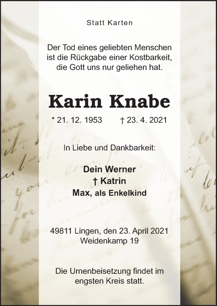  Traueranzeige für Karin Knabe vom 28.04.2021 aus Neue Osnabrücker Zeitung GmbH & Co. KG