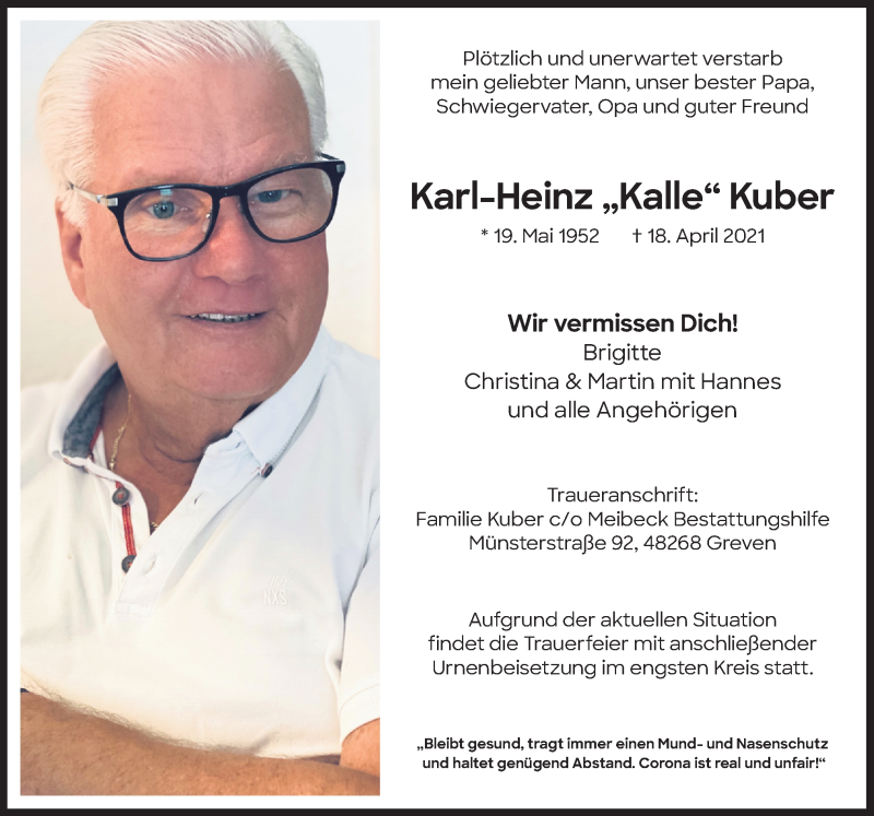  Traueranzeige für Karl-Heinz Kuber vom 30.04.2021 aus Neue Osnabrücker Zeitung GmbH & Co. KG