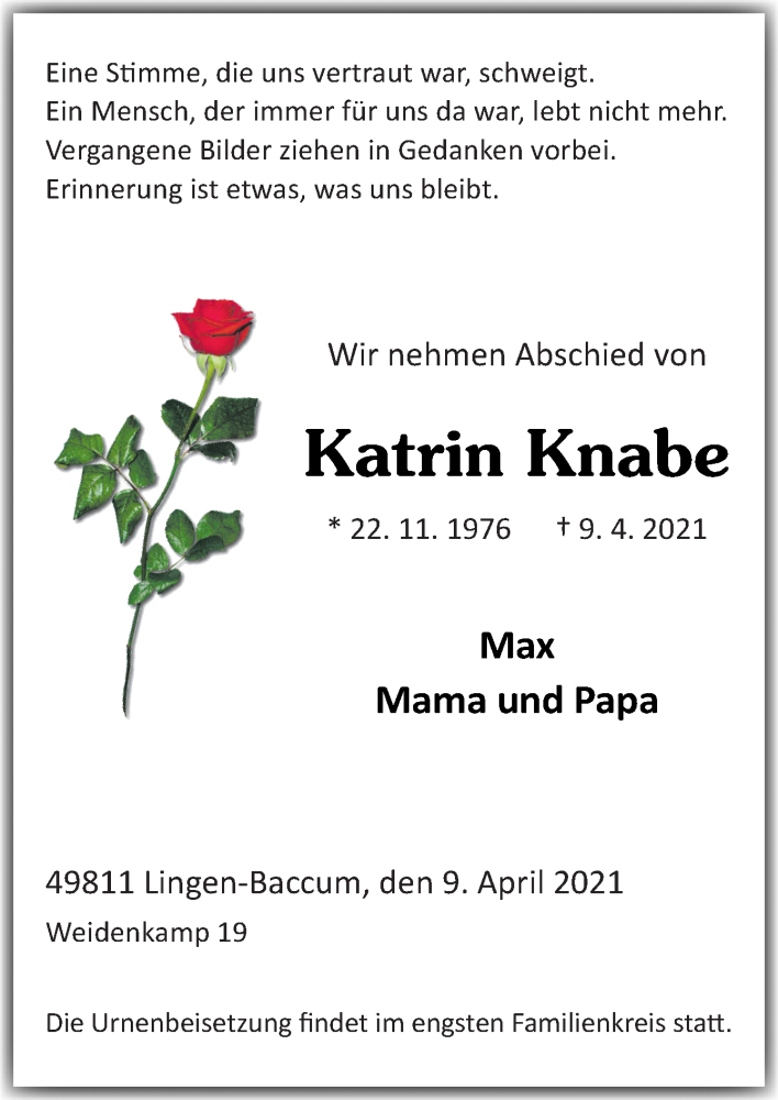  Traueranzeige für Katrin Knabe vom 14.04.2021 aus Neue Osnabrücker Zeitung GmbH & Co. KG