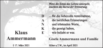 Traueranzeige von Klaus Ammermann von Neue Osnabrücker Zeitung GmbH & Co. KG