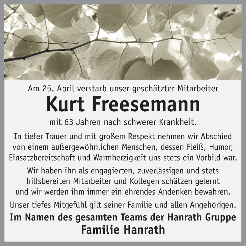  Traueranzeige für Kurt Freesemann vom 30.04.2021 aus Neue Osnabrücker Zeitung GmbH & Co. KG