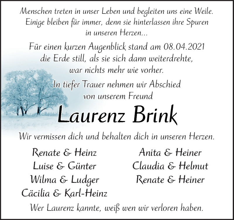  Traueranzeige für Laurenz Brink vom 14.04.2021 aus Neue Osnabrücker Zeitung GmbH & Co. KG