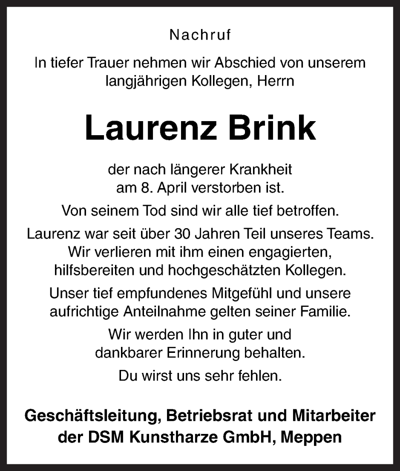  Traueranzeige für Laurenz Brink vom 14.04.2021 aus Neue Osnabrücker Zeitung GmbH & Co. KG