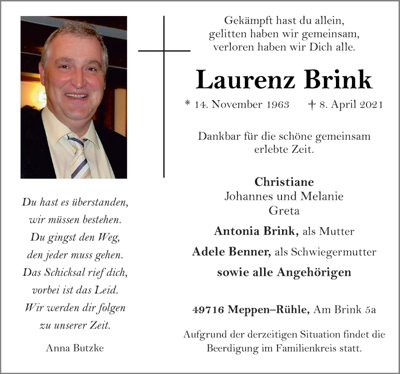  Traueranzeige für Laurenz Brink vom 12.04.2021 aus Neue Osnabrücker Zeitung GmbH & Co. KG