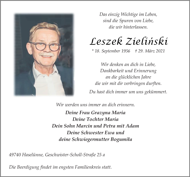  Traueranzeige für Leszek Zielinski vom 03.04.2021 aus Neue Osnabrücker Zeitung GmbH & Co. KG