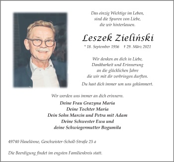Traueranzeige von Leszek Zielinski von Neue Osnabrücker Zeitung GmbH & Co. KG