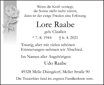 Traueranzeige von Lore Raabe von Neue Osnabrücker Zeitung GmbH & Co. KG