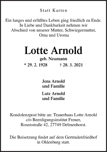 Traueranzeige von Lotte Arnold von Neue Osnabrücker Zeitung GmbH & Co. KG