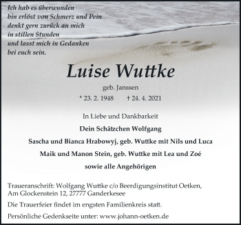 Traueranzeige von Luise Wuttke von Neue Osnabrücker Zeitung GmbH & Co. KG