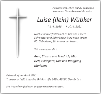 Traueranzeige von Luise Wübker von Neue Osnabrücker Zeitung GmbH & Co. KG
