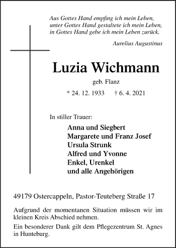 Traueranzeige von Luzia Wichmann von Neue Osnabrücker Zeitung GmbH & Co. KG