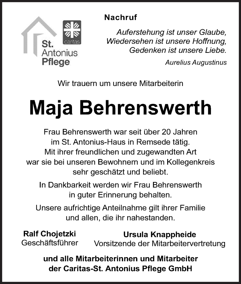  Traueranzeige für Maja Behrenswerth vom 03.04.2021 aus Neue Osnabrücker Zeitung GmbH & Co. KG