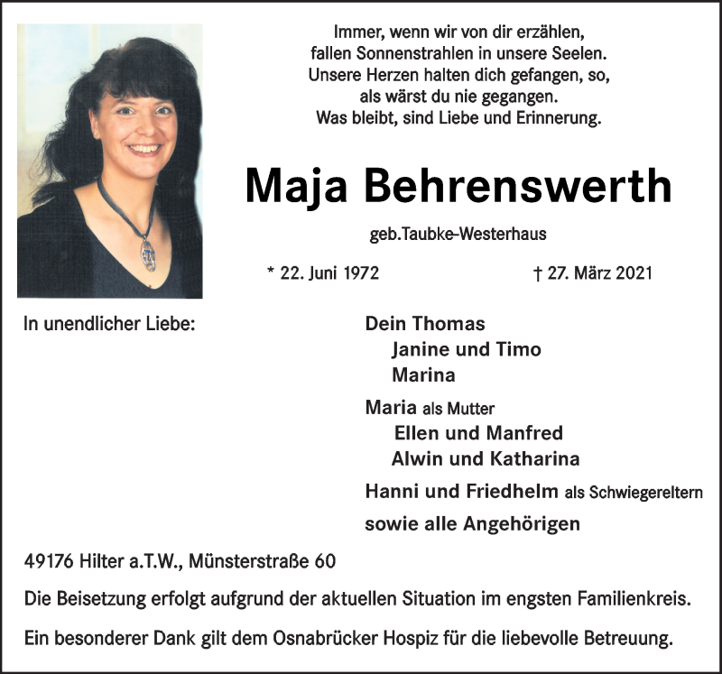  Traueranzeige für Maja Behrenswerth vom 03.04.2021 aus Neue Osnabrücker Zeitung GmbH & Co. KG