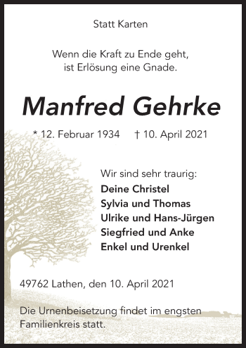 Traueranzeige von Manfred Gehrke von Neue Osnabrücker Zeitung GmbH & Co. KG