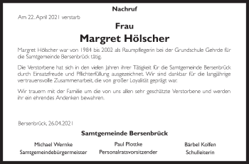 Traueranzeige von Margret Hölscher von Neue Osnabrücker Zeitung GmbH & Co. KG