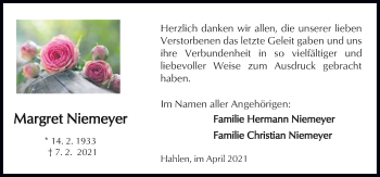 Traueranzeige von Margret Niemeyer von Neue Osnabrücker Zeitung GmbH & Co. KG