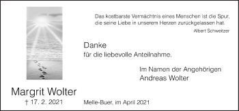 Traueranzeige von Margrit Wolter von Neue Osnabrücker Zeitung GmbH & Co. KG