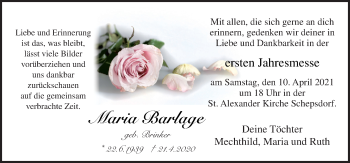 Traueranzeige von Maria Barlage von Neue Osnabrücker Zeitung GmbH & Co. KG