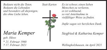 Traueranzeige von Maria Kemper von Neue Osnabrücker Zeitung GmbH & Co. KG