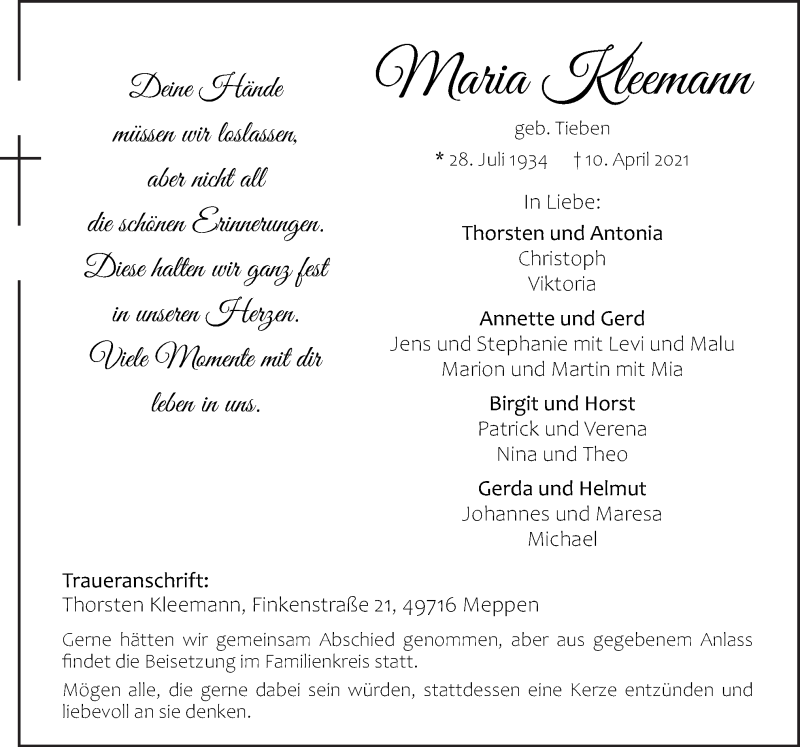  Traueranzeige für Maria Kleemann vom 13.04.2021 aus Neue Osnabrücker Zeitung GmbH & Co. KG