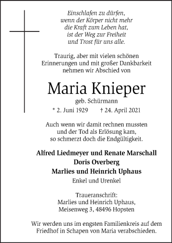 Traueranzeige von Maria Knieper von Neue Osnabrücker Zeitung GmbH & Co. KG