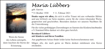 Traueranzeige von Maria Lübbers von Neue Osnabrücker Zeitung GmbH & Co. KG