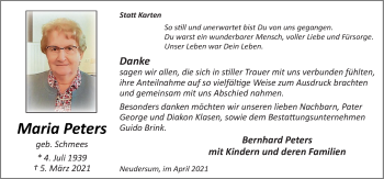 Traueranzeige von Maria Peters von Neue Osnabrücker Zeitung GmbH & Co. KG