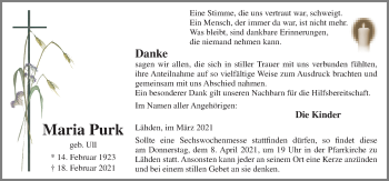 Traueranzeige von Maria Purk von Neue Osnabrücker Zeitung GmbH & Co. KG