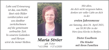 Traueranzeige von Maria Ströer von Neue Osnabrücker Zeitung GmbH & Co. KG