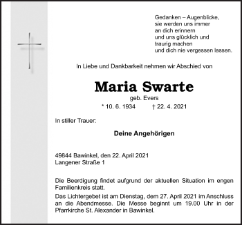 Traueranzeige von Maria Swarte von Neue Osnabrücker Zeitung GmbH & Co. KG