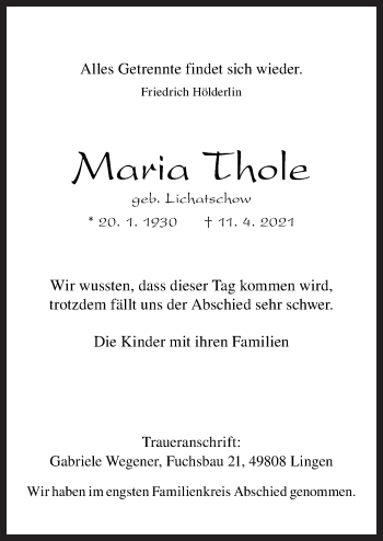 Traueranzeige von Maria Thole von Neue Osnabrücker Zeitung GmbH & Co. KG