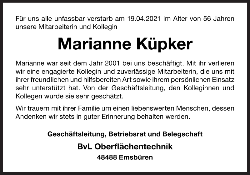  Traueranzeige für Marianne Küpker vom 24.04.2021 aus Neue Osnabrücker Zeitung GmbH & Co. KG