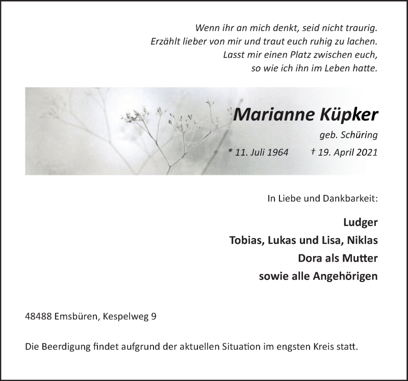  Traueranzeige für Marianne Küpker vom 21.04.2021 aus Neue Osnabrücker Zeitung GmbH & Co. KG
