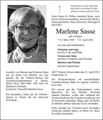 Traueranzeige von Marlene Sasse von Neue Osnabrücker Zeitung GmbH & Co. KG
