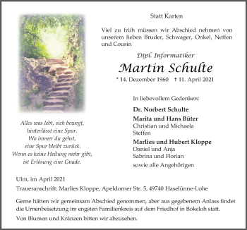Traueranzeige von Martin Schulte von Neue Osnabrücker Zeitung GmbH & Co. KG