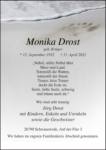 Traueranzeige von Monika Drost von Neue Osnabrücker Zeitung GmbH & Co. KG