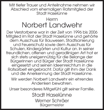 Traueranzeige von Norbert Landwehr von Neue Osnabrücker Zeitung GmbH & Co. KG