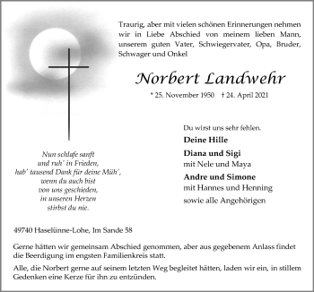 Traueranzeige von Norbert Landwehr von Neue Osnabrücker Zeitung GmbH & Co. KG