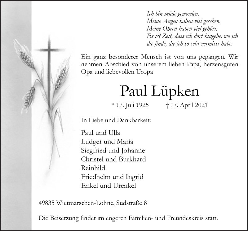  Traueranzeige für Paul Lüpken vom 20.04.2021 aus Neue Osnabrücker Zeitung GmbH & Co. KG