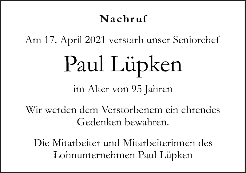  Traueranzeige für Paul Lüpken vom 20.04.2021 aus Neue Osnabrücker Zeitung GmbH & Co. KG