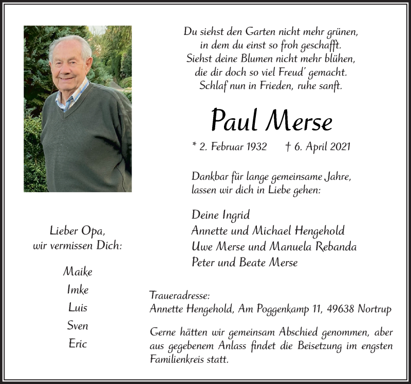  Traueranzeige für Paul Merse vom 10.04.2021 aus Neue Osnabrücker Zeitung GmbH & Co. KG