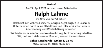 Traueranzeige von Ralph Lahme von Neue Osnabrücker Zeitung GmbH & Co. KG