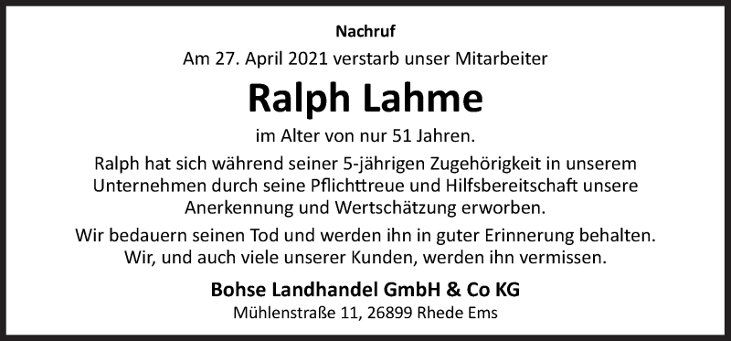  Traueranzeige für Ralph Lahme vom 30.04.2021 aus Neue Osnabrücker Zeitung GmbH & Co. KG
