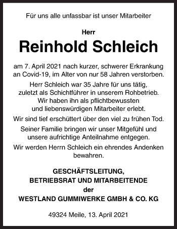 Traueranzeige von Reinhold Schleich von Neue Osnabrücker Zeitung GmbH & Co. KG
